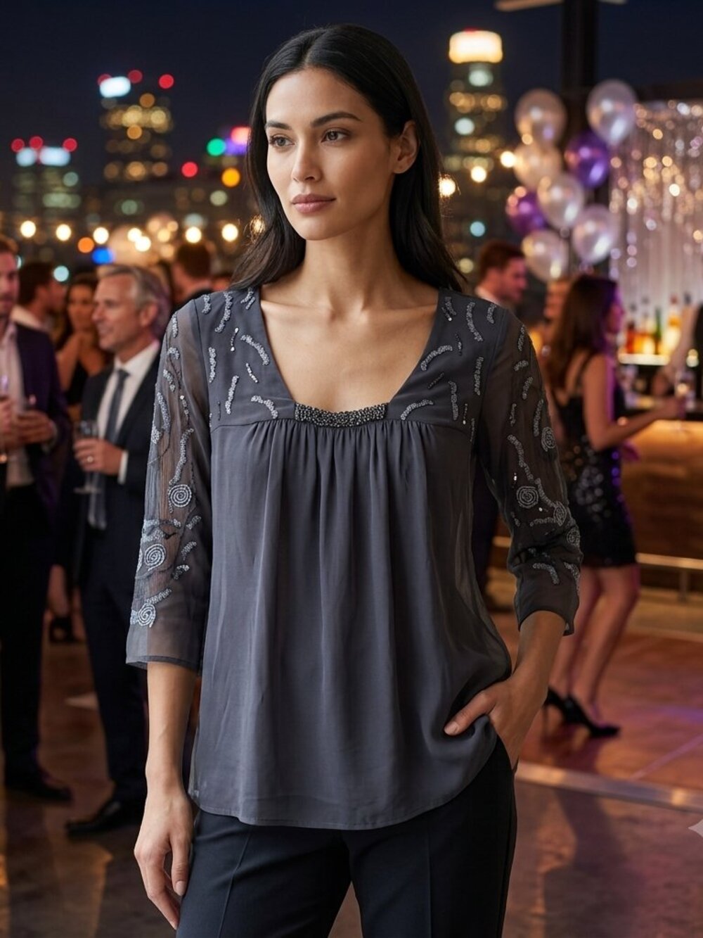 Saivana Sheer Charcoal Gray Embellished Women's Blouse Top - XS